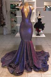 Sexy Purple Deep V-Neck Halter Sequins Mermaid Prom Dress